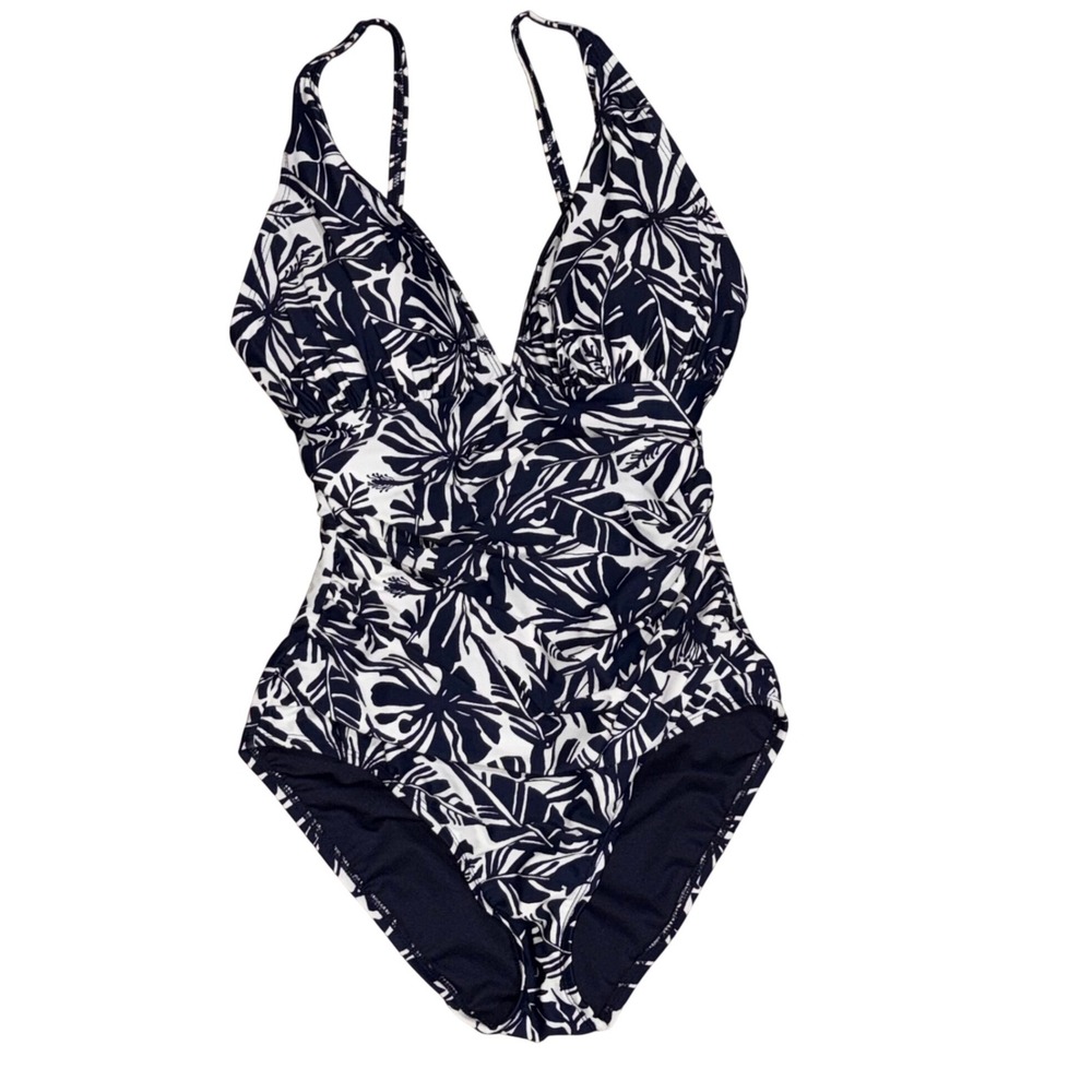 $98 Ellen Tracy Swimsuit One Piece Women 8 Navy Tropical Floral Ruched Slimming
